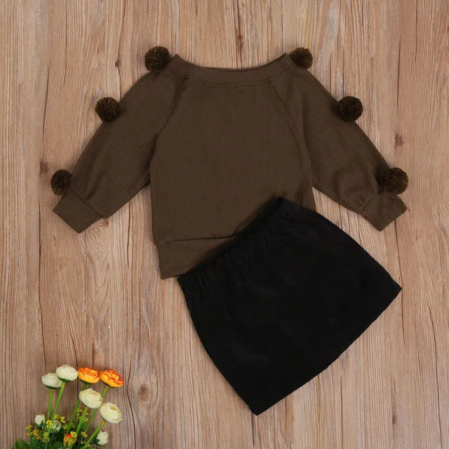 Long Sleeve Fur Ball Top And Skirt Suit Brown - Shop at LoveMi