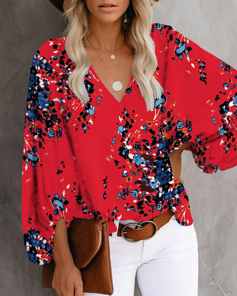 V-neck Printed Lantern Sleeve Top Shirt