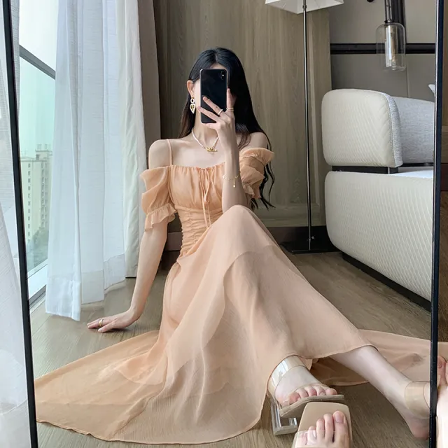 French Tea Break Waist Wrapped Soft Texture Long Dress Orange - Shop at LoveMi