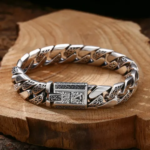 925 Sterling Silver Bracelet Tangcao Pattern Cuban Men Thick