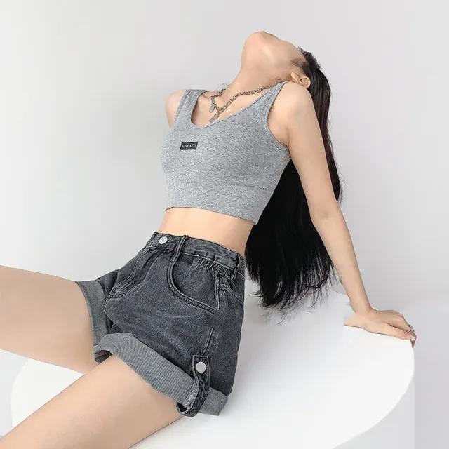 Fashionable Overalls Denim Shorts Women Rolled Hem Grey - Shop at LoveMi