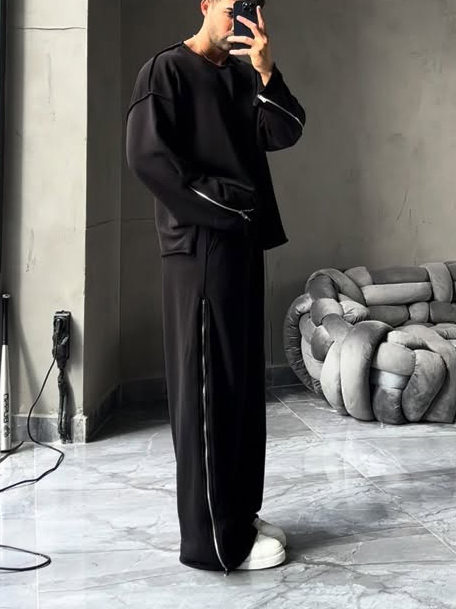 Black Side Zip Detail Oversized Sweatshirt & Wide-Leg Pants Set