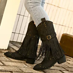 Retro Tassel Boots With Rivet Strap Buckle Design Shoes For Women Winter Footwear Fashion Mid-calf Square Heel Knight Western Boots - Black - View 1