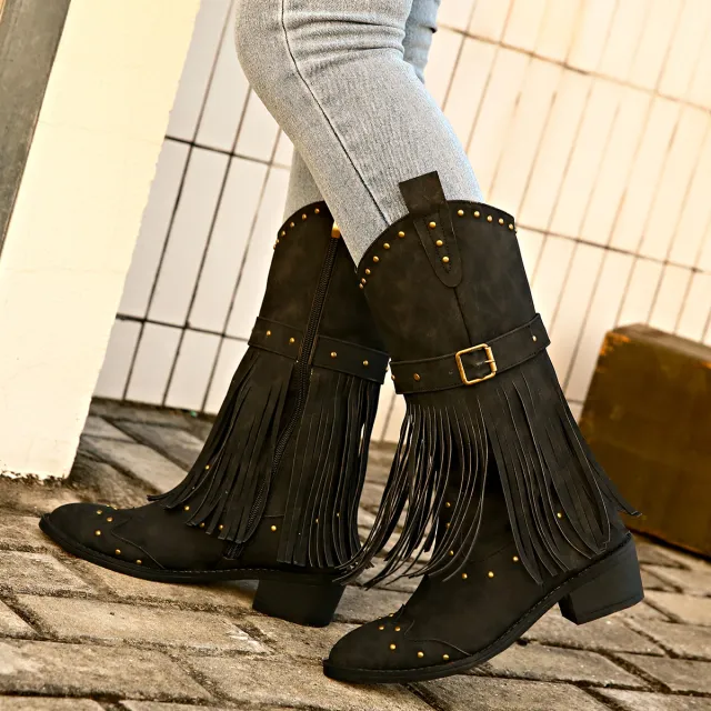 Retro Tassel Boots With Rivet Strap Buckle Design Shoes For Women Winter Footwear Fashion Mid calf Square Heel Knight Western Boots Black - Shop at LoveMi