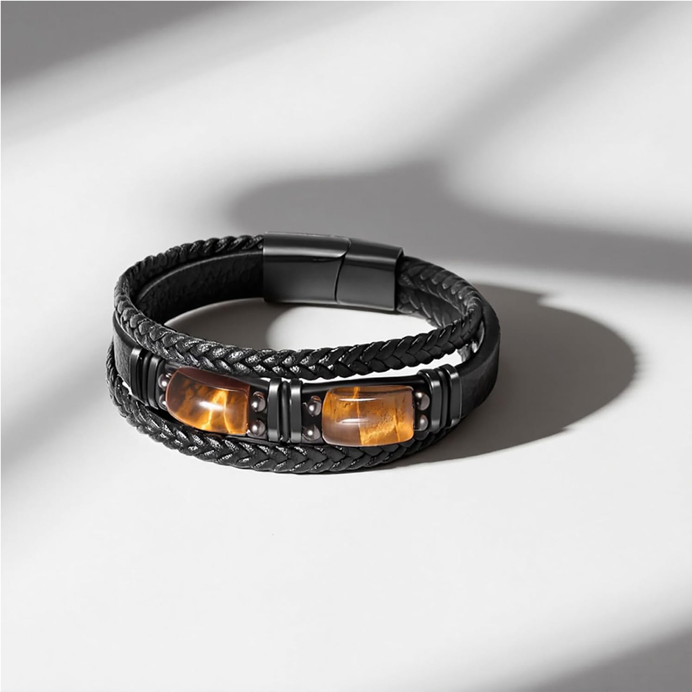 Natural Tiger Eye Stone Bracelet Healing Tiger Eye Quartz Leather Braided Gift - Image 4