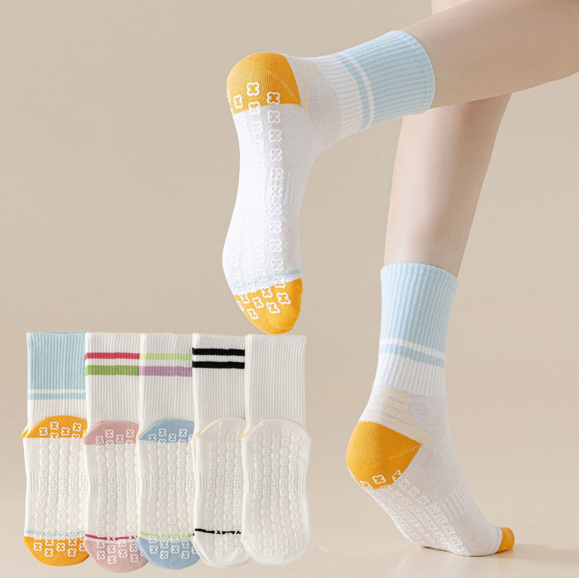 Yoga Socks Women Pilates Professional Sports, Shock-absorbing Silicone Anti Slip Color Blocked Long Socks