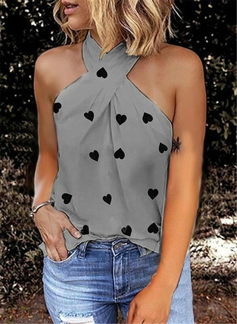 Casual Slim Back Zipper Halter Print Sleeveless Splicing Top