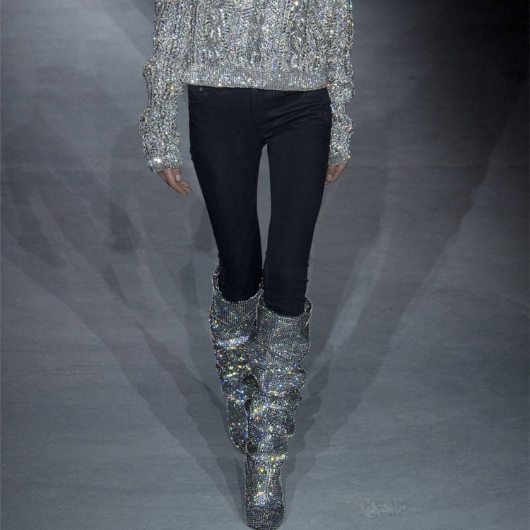 Rhinestone High-heeled Pointy Nightclub Show Knee-length Boots