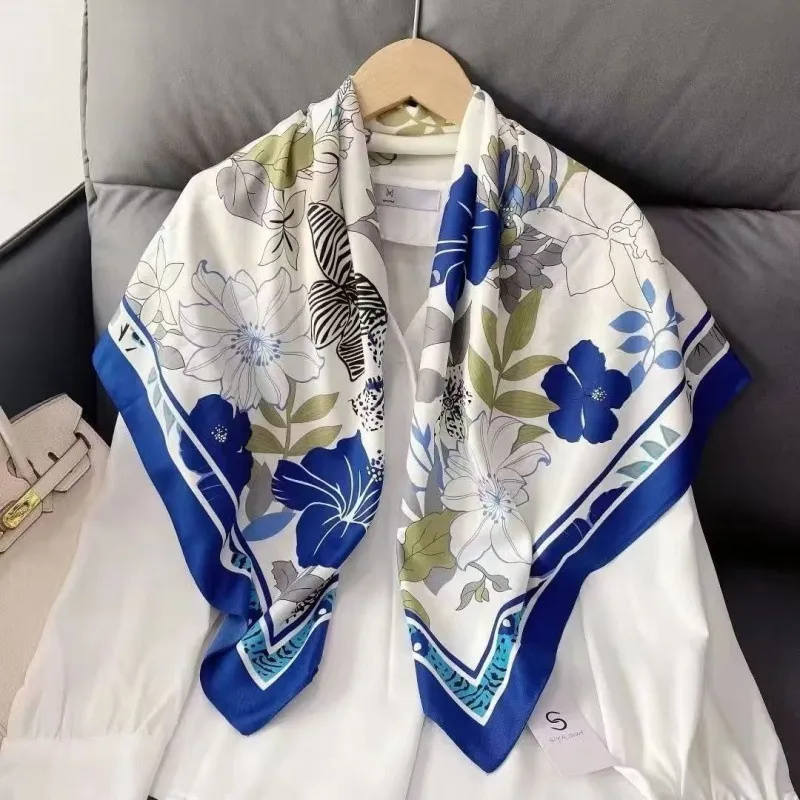 Women's Silk Scarf Strap Retro Tube Top Sun Protection - Spring Flowers Blue