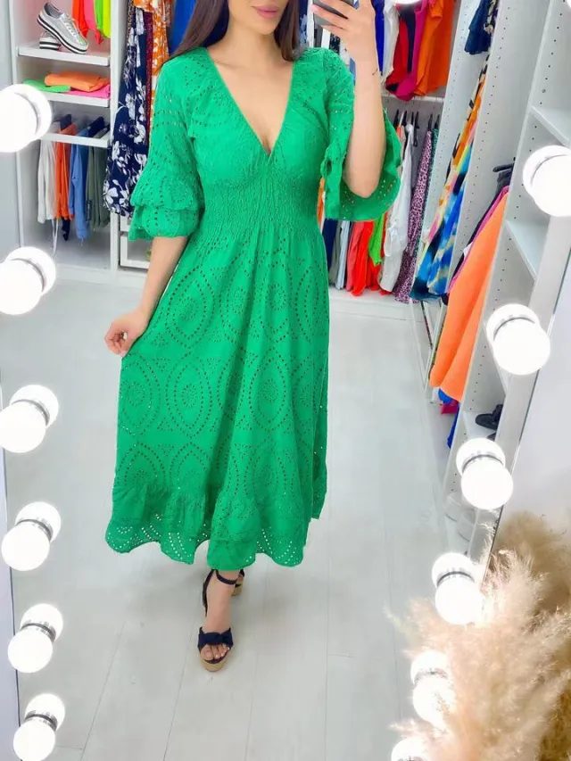 High Waisted Embroidered Solid V neck Dress Green - Shop at LoveMi