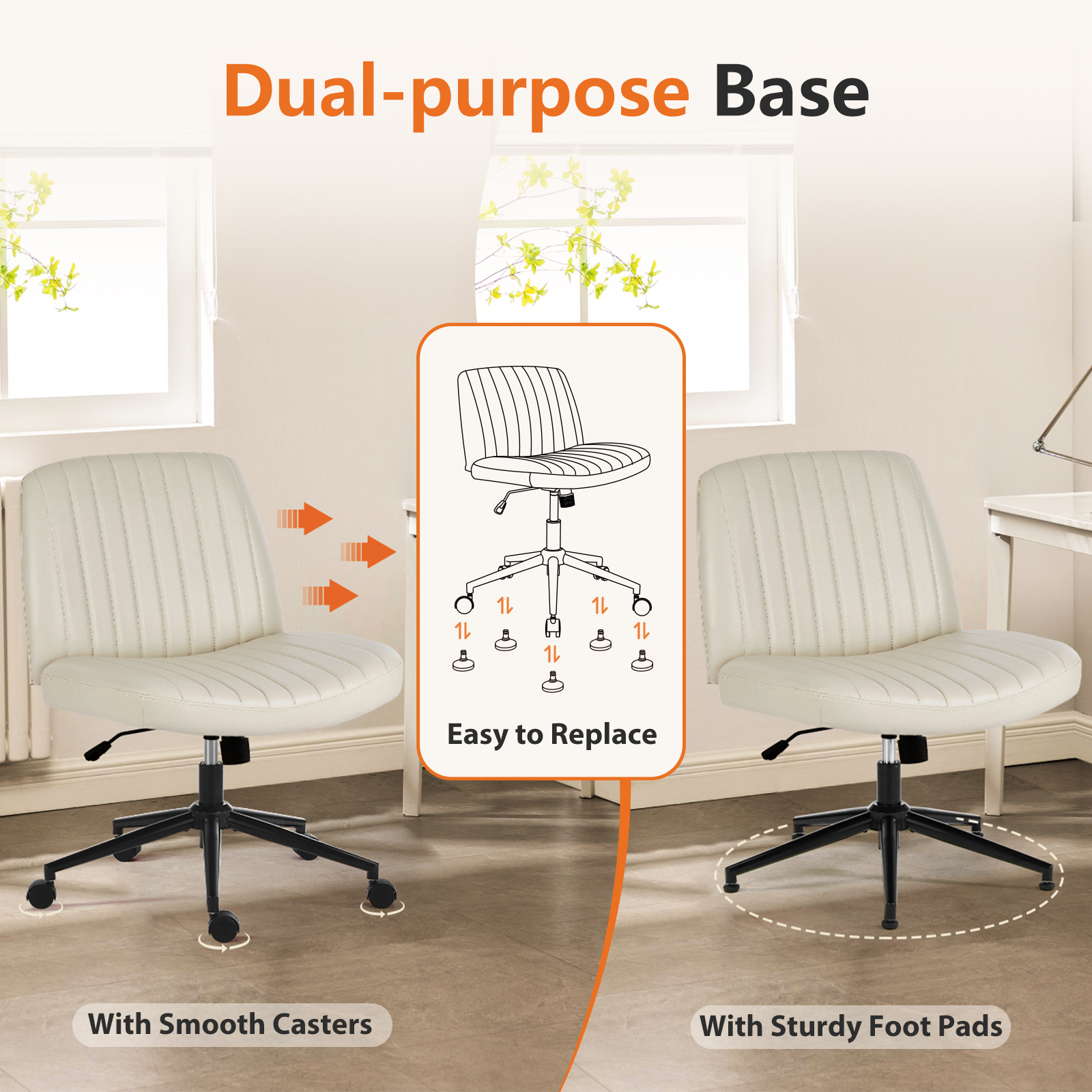 Office Desk Vanity Chair Cross Legged Armless Swivel Fabric Height Adjustable Wide Seat With Replaceable Wheels-Fixed Base, Comfy Task Chair Padded image 44