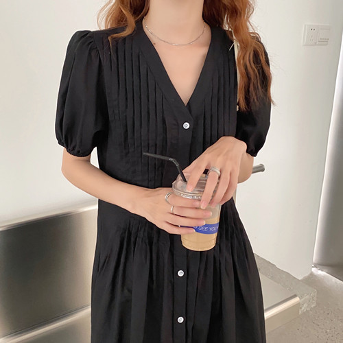 Lazy Heavy-duty Pleated V-neck Sunscreen Shirt Dress Puff Sleeve Dress