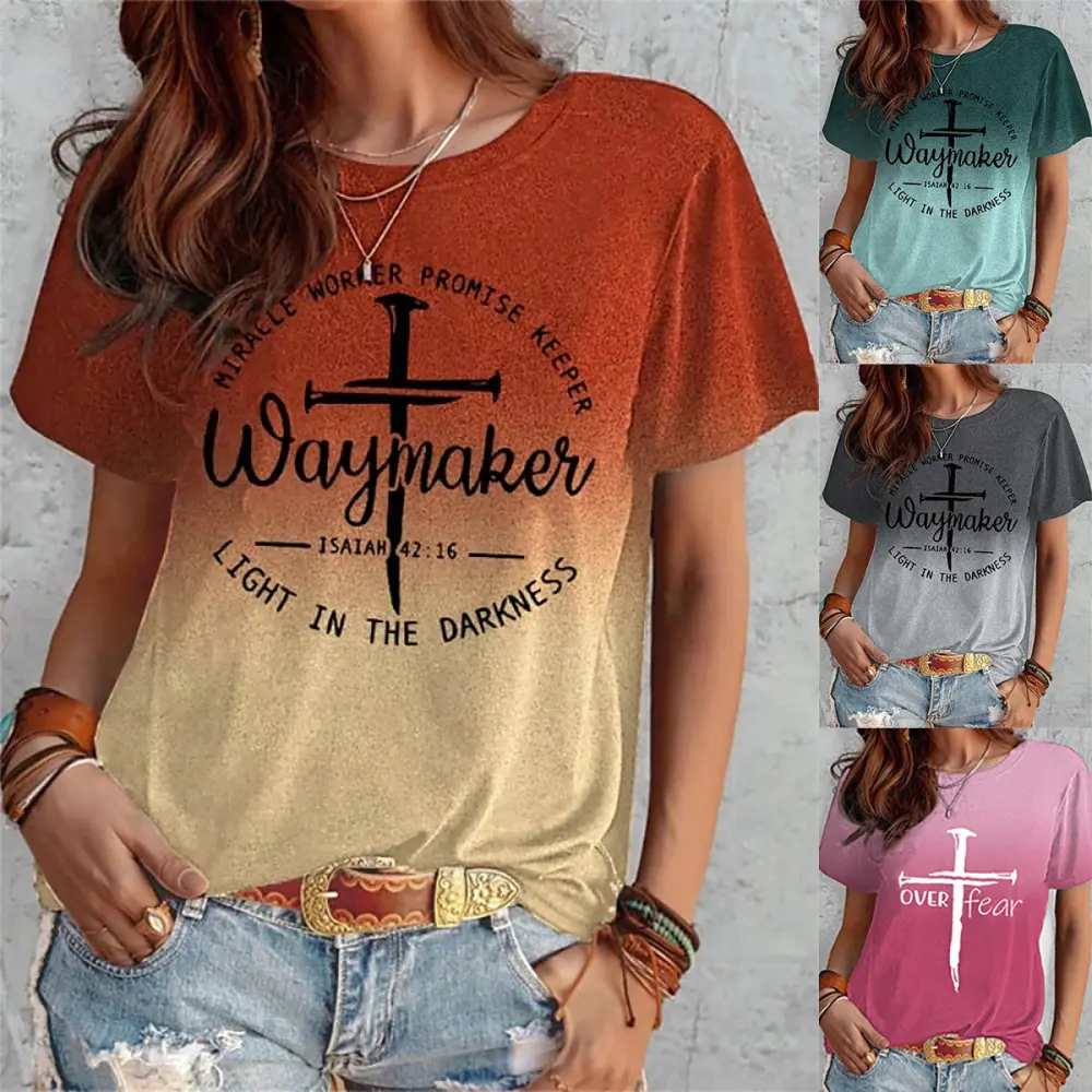 Summer Short Sleeve T-shirt Cross and Letter Print Tops