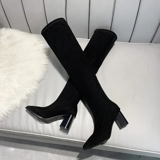 Pointed High Heels And Fleece Thick Heel Boots Black - Shop at LoveMi