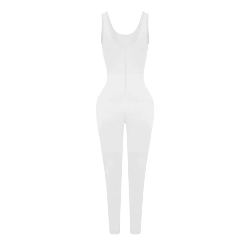 Low Neck Skinny Sleeveless Elastic Waist Solid Colour Sports Fitness Jumpsuit - White