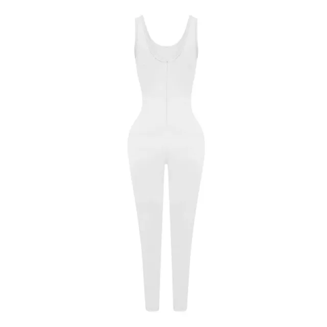 Low Neck Skinny Sleeveless Elastic Waist Solid Color Sports Fitness Jumpsuit White - Shop at LoveMi