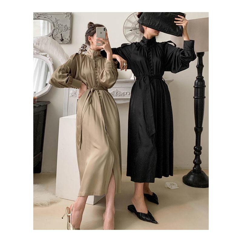 Temperament High-neck Gloss Single-breasted Lace-up Waist Lantern Sleeve Over-the-knee Dress