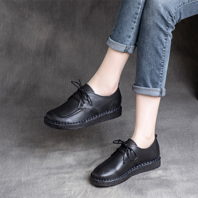 Title 10, Cowhide Lace-up Low Heel Soft Bottom Flat Shoes