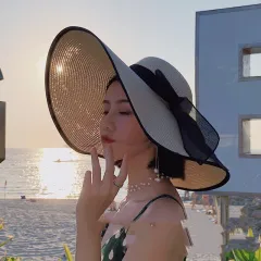 European And American Women's Large Brim Sun Protection Straw Hat - Beige Ribbon Style - View 1