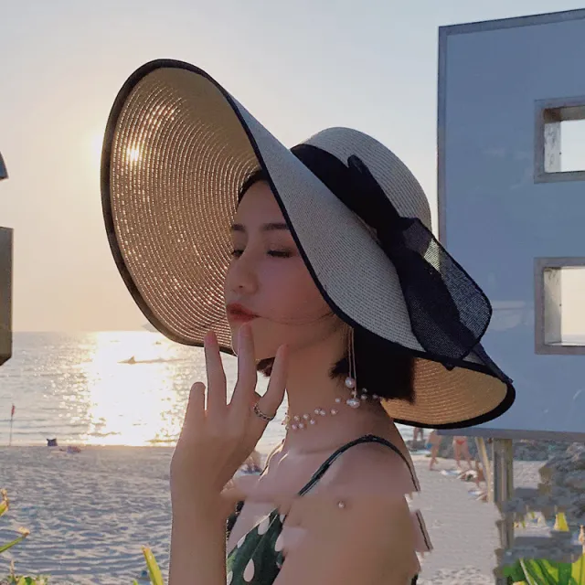 European And American Women's Large Brim Sun Protection Straw Hat Beige Ribbon Style - Shop at LoveMi