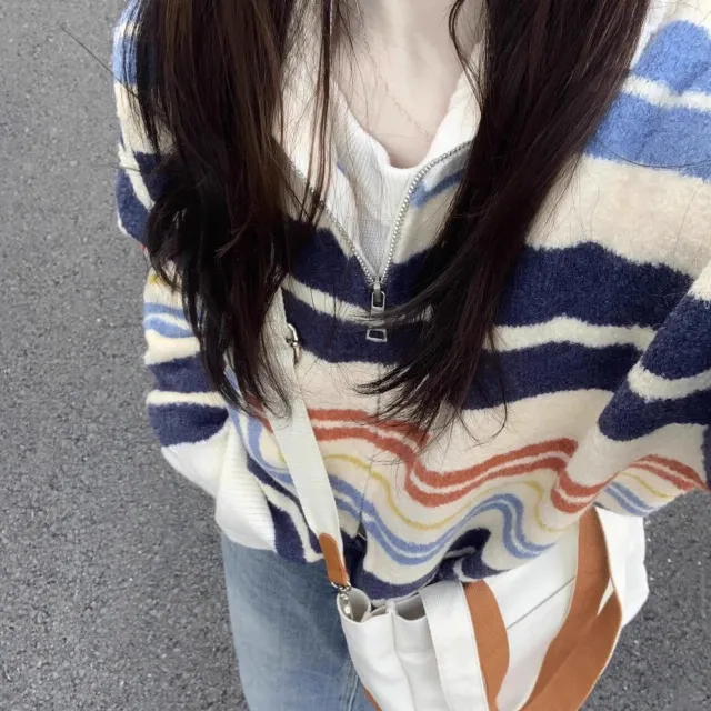 Early Spring Stand Collar Zipper Sweater Cardigan Coat Rainbow Striped Cardigan - Shop at LoveMi