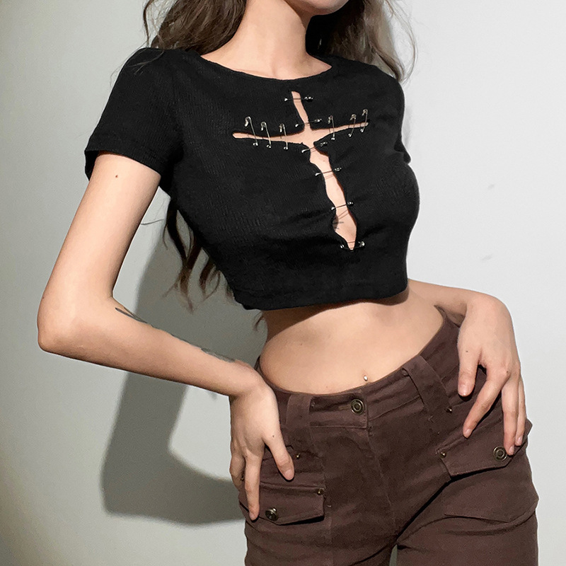 Women's Slim Cropped Navel Fashion Round Neck Hollow T-shirt Women
