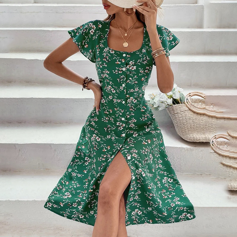 Summer Floral Print Maxi Dress Women Button Up Split Long Flowy Bohemian Beach P - Picture 14 of 15