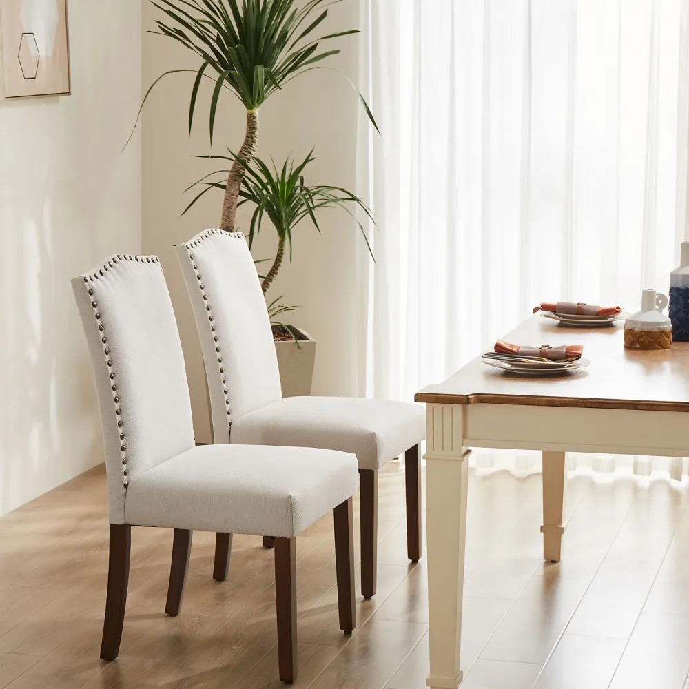 Modern Armless Dining Chairs With Upholstered Fabric,Nailhead Trim And Wood Legs