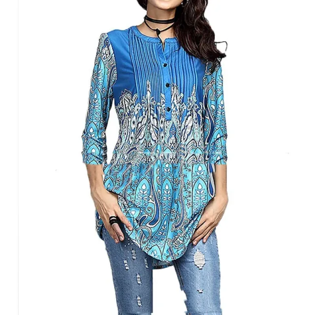 Beauty Clothing Printed Round Neck Pleated 34 Sleeve Top T shirt Shirt Blue - Shop at LoveMi