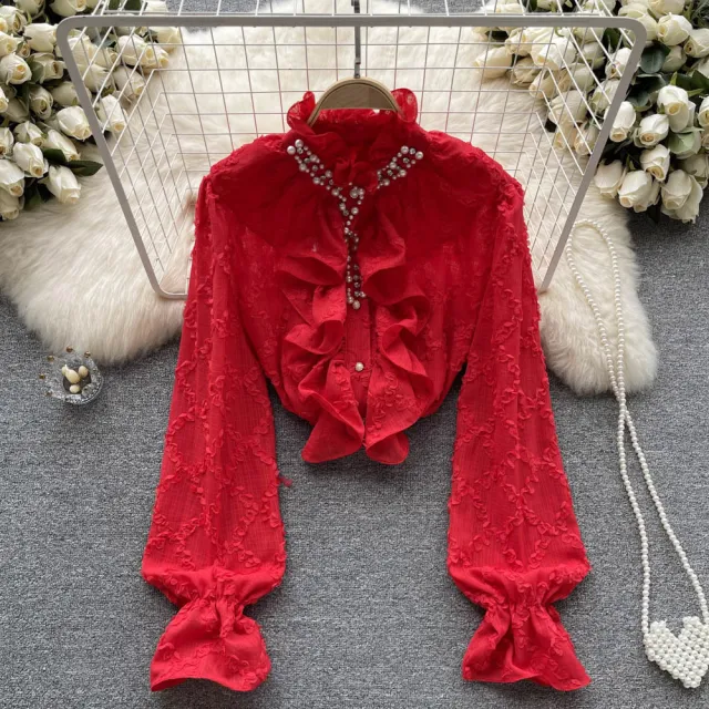 Ruffled Flared Sleeve Shirt Autumn Jacket Red - Shop at LoveMi