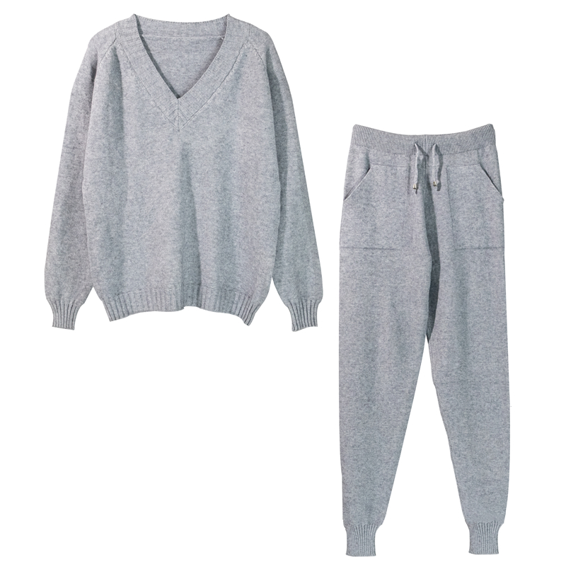 Pure Color Simple V-neck Long-sleeved Trousers Suit