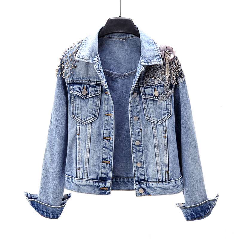 Heavy Industry Beaded Flowers Long sleeved Denim Jacket Blue - Shop at LoveMi