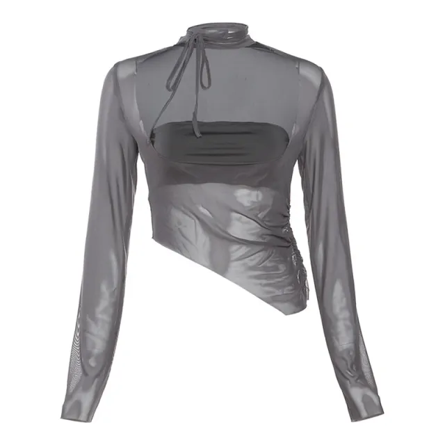 Long Sleeve Square neck Exposed Navel Voile See through T shirt Gray - Shop at LoveMi