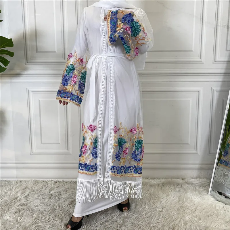 Women's Cardigan Embroidered Mesh Gown - White Daffodils