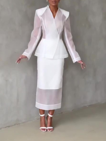 White Organza Tailored Blazer & Sheer Midi Skirt 2-Piece Set