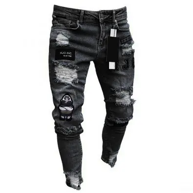 White High-end Denim Men's Trousers Hole Trend Black Slim