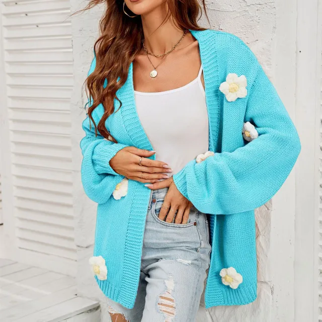 Women's Fashion Casual Flower Cardigan Lantern Sleeve Sweater Coat Blue - Shop at LoveMi