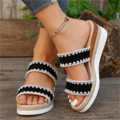 New Hemp Rope Woven Wedge Slippers Summer Ethnic Style Sandals Double Wide Strappy Shoes For Women