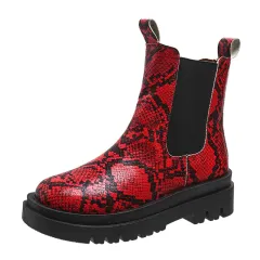 Snakeskin Ankle Boots Slip On Platform Shoes Women - Red - View 1