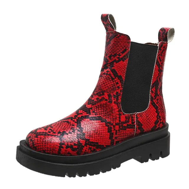 Snakeskin Ankle Boots Slip On Platform Shoes Women Red - Shop at LoveMi