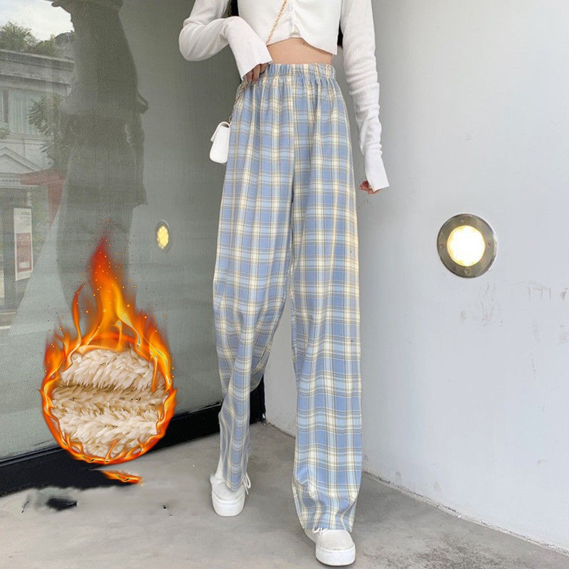 Autumn And Winter Padded Thickening High Waist Thin Drape Straight Casual Wide Leg Dragging Pants Blue Plaid - Shop at LoveMi