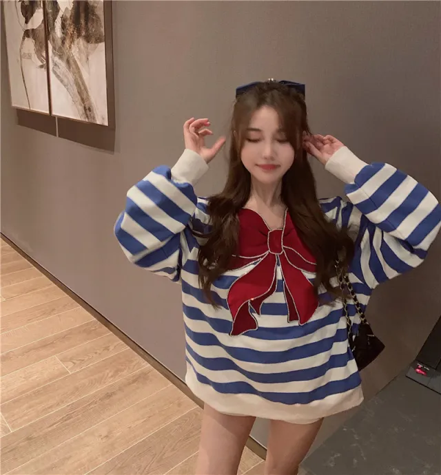 V neck Striped Sweatshirt With Bow And Diamond Blue - Shop at LoveMi