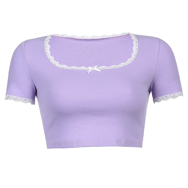 Short-sleeved Square-neck Lace Bow Top With Leaky Belly Button