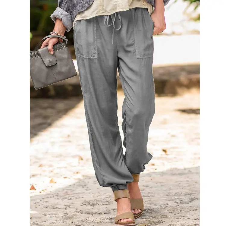 Lace-Up Trousers Solid Color Stretch Knee Pocket Casual Pants