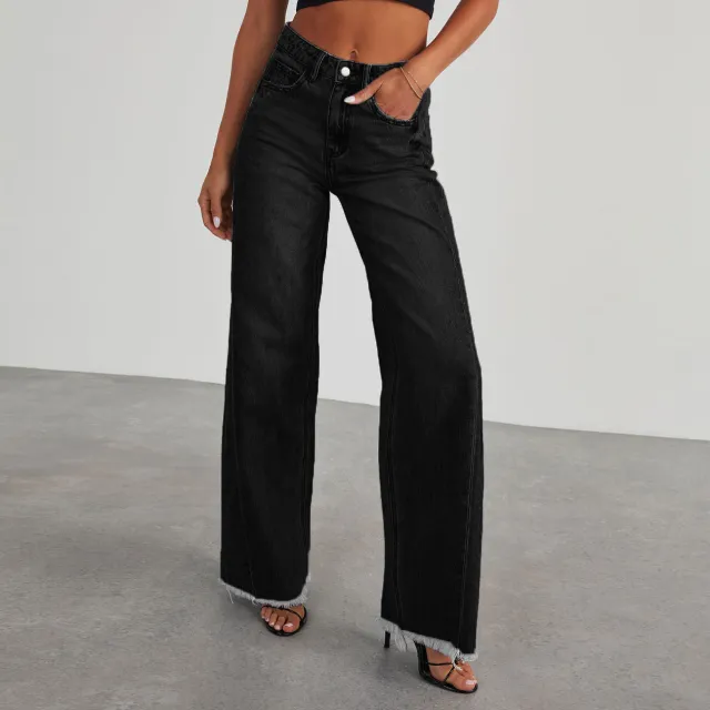 Fashion High Waist Jeans With Pockets Comfortable Slim Fit Straight Wide leg Pants Womens Clothing Black - Shop at LoveMi