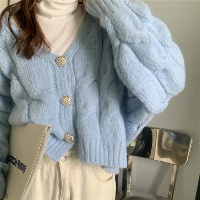 Women's New Vintage Loose V neck Sweater Coat Blue - Shop at LoveMi