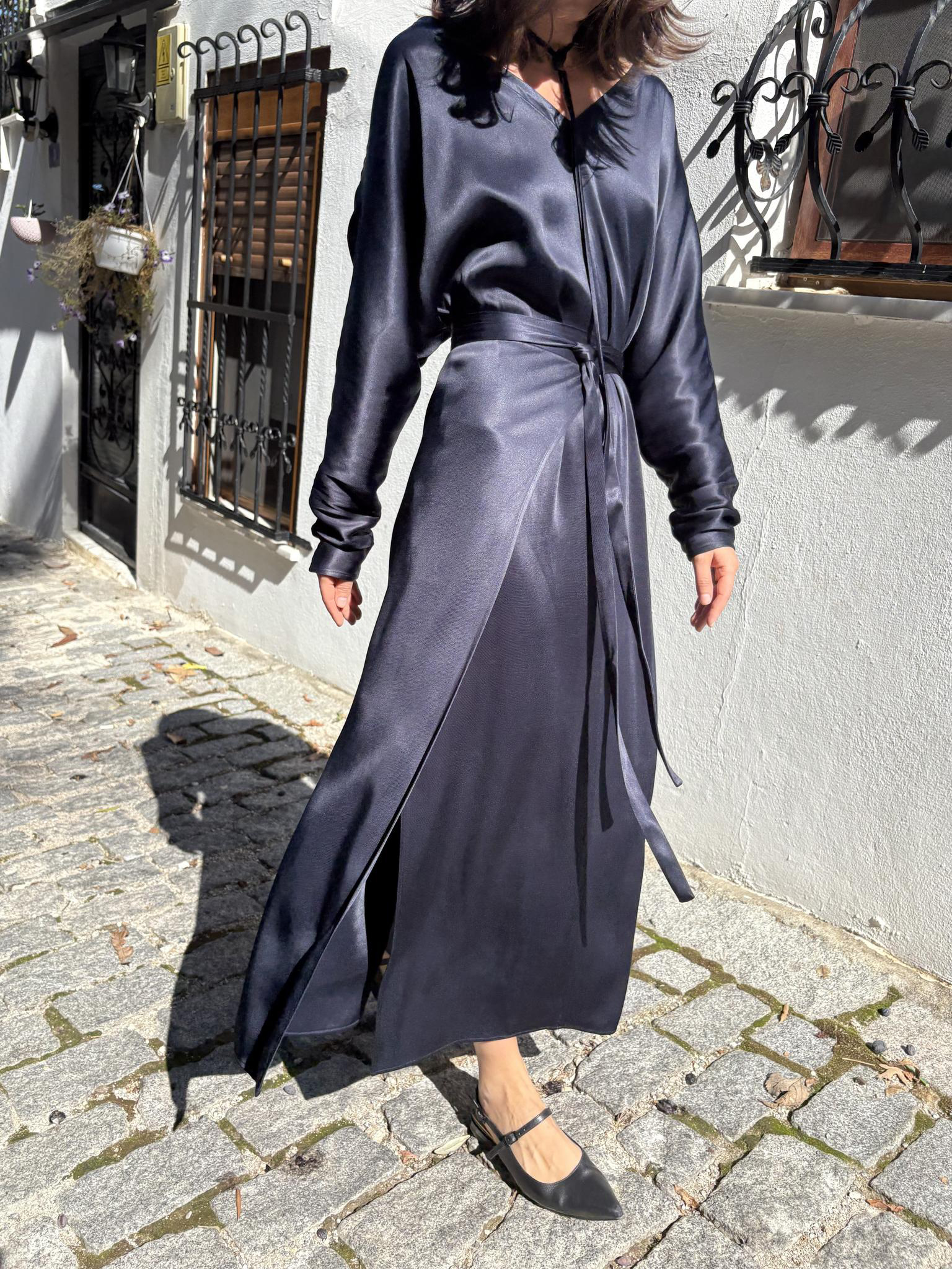 Navy Blue Satin Tie-Waist Slit Long Sleeve Maxi Dress