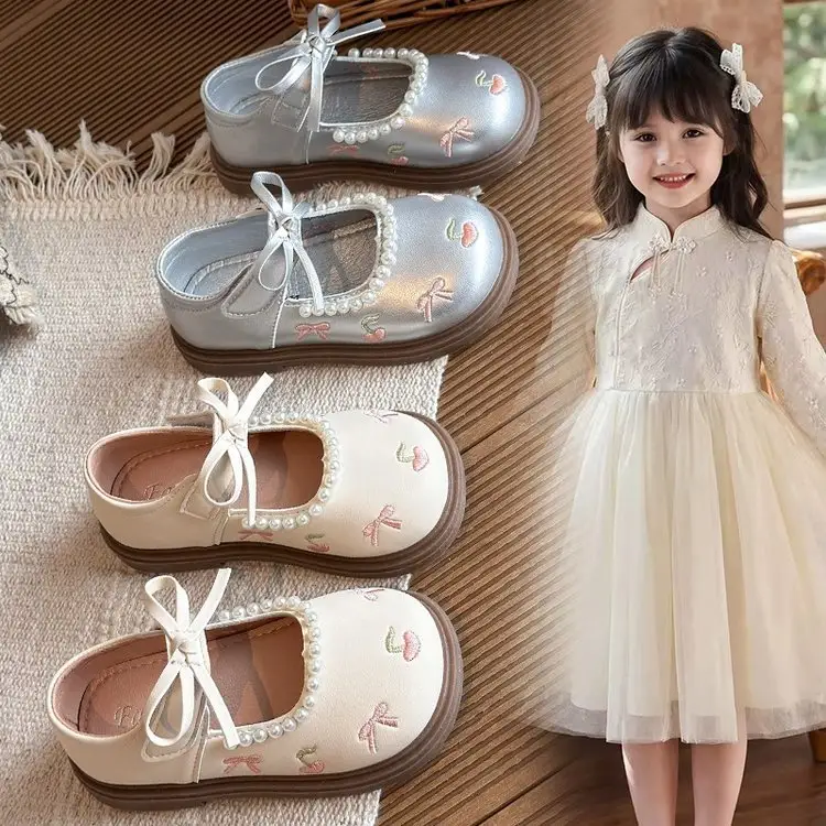 Children's Leather Shoes, Girls' Pearl Bow Embroidered
