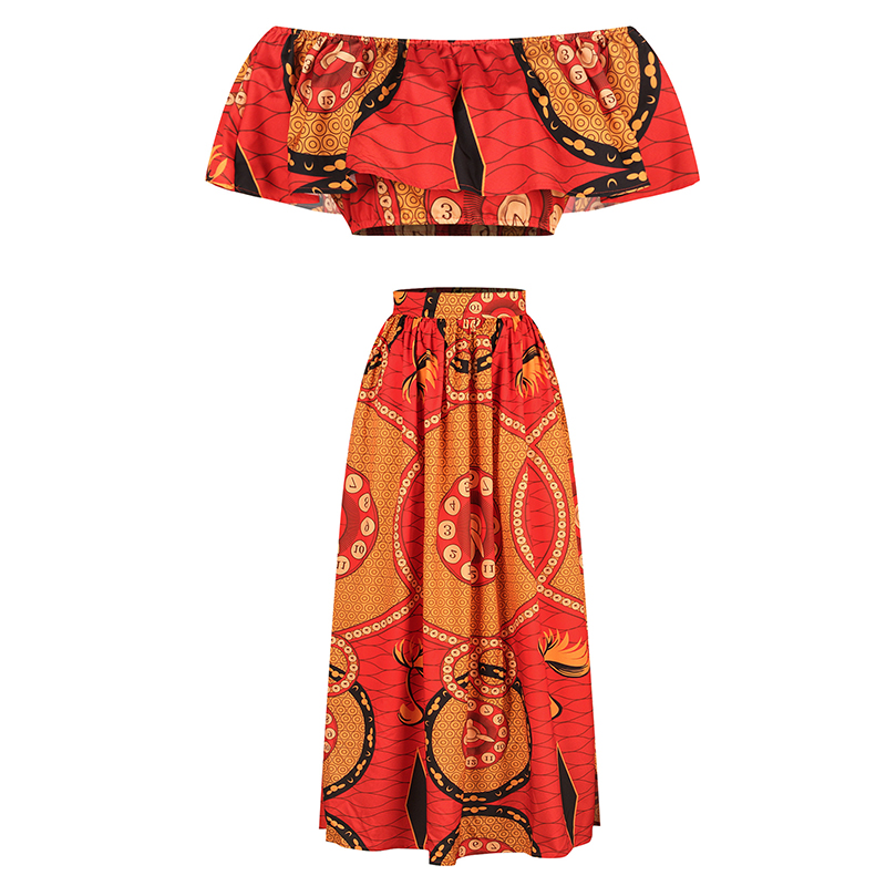 One-shoulder Suit Ethnic Print Elastic Skirt Two-piece Set