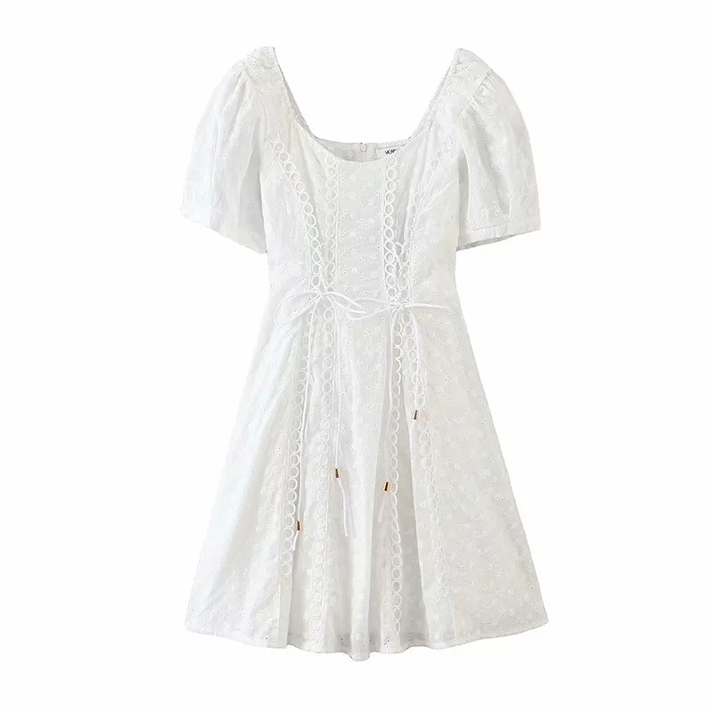 Short Sleeve Neck Waist A-Line Dress - White
